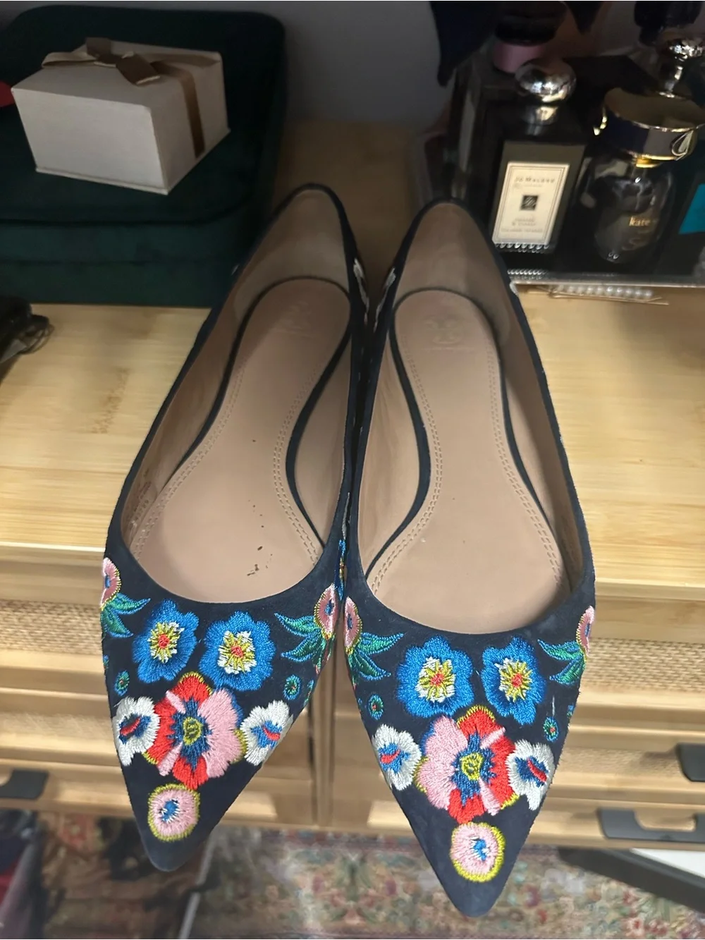 Tory Burch Navy Pointed-Toe Flats with Multicolor Floral Embroidery